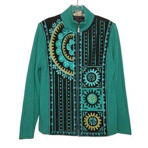 Bob Mackie Suede Sweater Jacket S Embroidered Floral Geometric Green Black